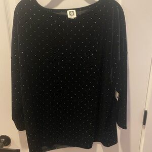 Anne Klein Black Long Sleeve Top with Dotted Pattern